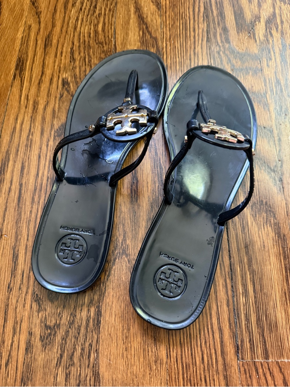 Tory Burch Black  Thong Sandals with Gold Emblem